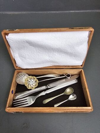 Vintage Silverware 2 Sugar Sifters, Knife & Fork, 2 Mustard Spoons