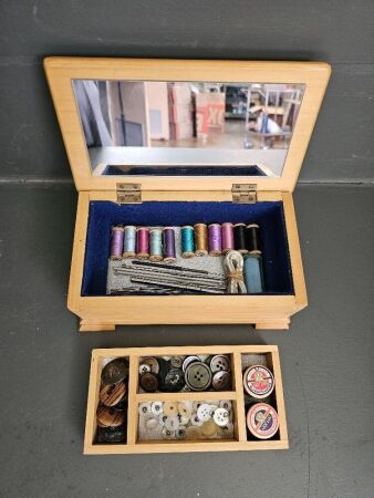 Vintage Cotton and Buttons in Wooden Box