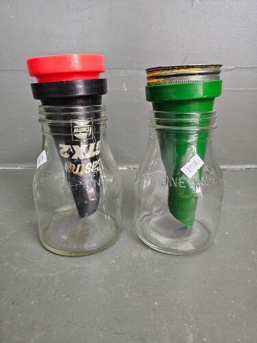 Pair 1 Pint Oil Bottles with lids (1 metal)