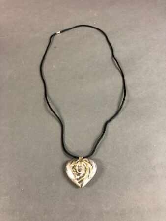 Sterling Silver & Gilt Brass Heart Pendant on Silk Cord
