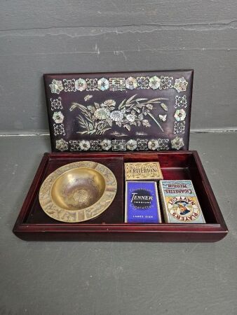 Mother of Pearl Inlaid Smokers Box w. Original Brass Ash tray