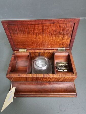 Vintage Cedar Desk Tidy with Glass Ink Well