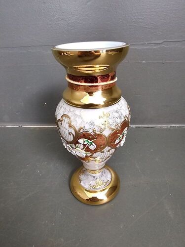 Vitange Bohemian Czech Milk Glass Gold Gilt Vase