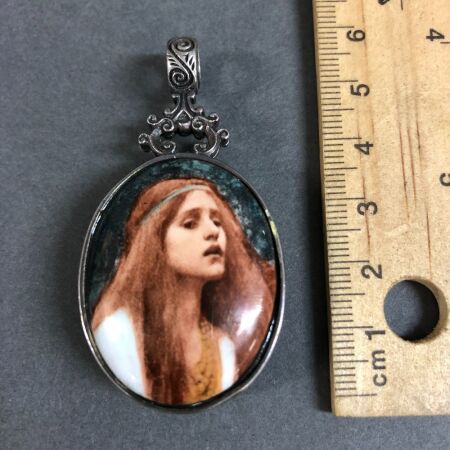 Sterling Silver & Porcelain Pendant Decorated with the Lady of Shallot