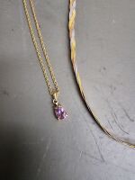 2 Gold Necklaces 1 with Purple Stone & Pair of Gold Pearl Earrings - 2