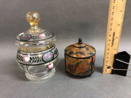2 x c1920's Dressing Table Jars - 1 Celluoid, 1 Glass