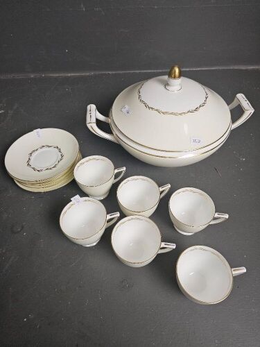 Minton English Porcelain Tureen & 6 Demitasse Cups & Saucers