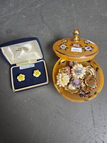 Bowl with 7 Pairs Clip on Earrings & Coalport English Bone Earrings