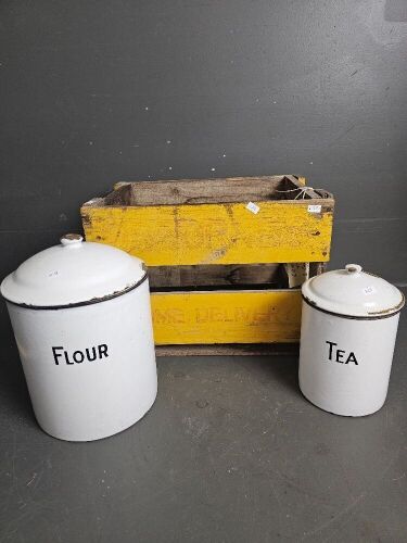 2 Enamel Cannisters in Osbornes Timber Crate