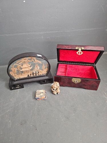 Jewellery Box, Diarama, Monkey Figure and Monkey Brooch