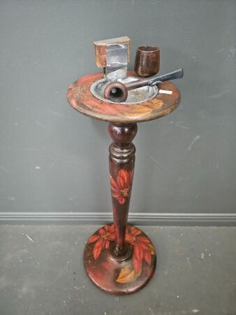 Pokerwork Vintage Ashtray Stand with Pipe and Matches