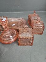 Pink Glass Vanity Set, Platter and Candle Holders - 2