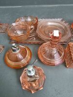 Pink Glass Vanity Set, Platter and Candle Holders - 3