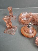 Pink Glass Vanity Set, Platter and Candle Holders - 4