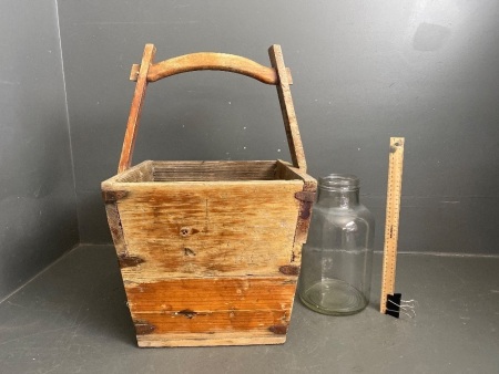 Vintage Rustic Wooden Rice Bucket with Large Glass Jar