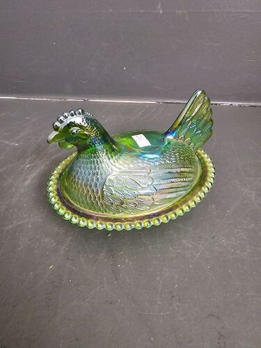 Rare Green Carnival Glass Hen on Nest