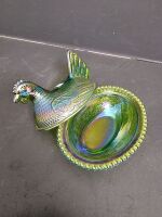 Rare Green Carnival Glass Hen on Nest - 2