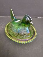 Rare Green Carnival Glass Hen on Nest - 3