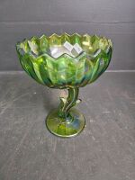 Green Carnival Glass Pedestal Bowl