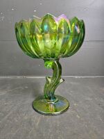 Green Carnival Glass Pedestal Bowl - 2