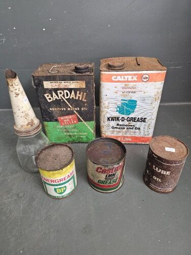 Selection of Vintage Oil Tins and Grease Tins + 1 Pint Oil Bottle with Tin Top