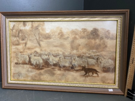 Landscape Wool Painting of Sheep and Dog