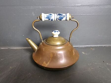 Small Copper Teapot with Blue & White Handle
