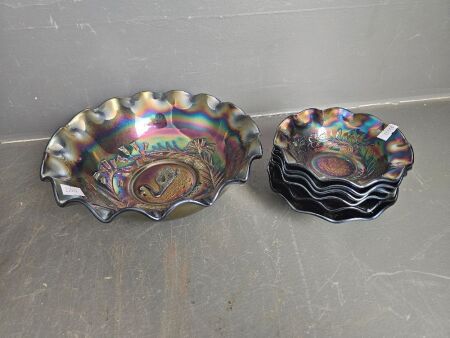 Black Carnival Glass Swan Bowl with 6 Nappy Bowls Numbered