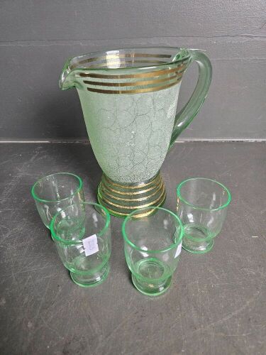 Frosted Glass  Jug with 4 Uranium Glass Tumblers