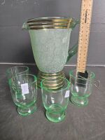 Frosted Glass  Jug with 4 Uranium Glass Tumblers - 7