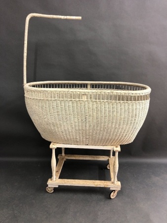 Vintage Cane Bassinet on Wheels