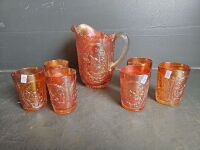 Marigold Carnival Glass Jug & 6 Glasses