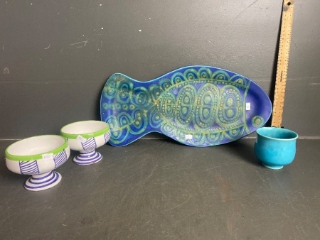 Saffron Pugh Fish Serving Platter and 3 small bowls