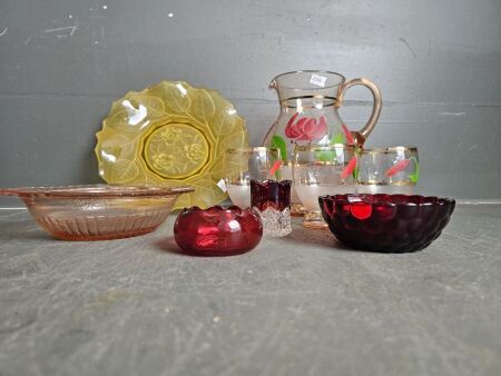 1950s Hand-painted Jug w. 3 Glasses, Vintage Anchor Hocking Ruby Red Bubble Glass Bowl & Mixed Glass ware