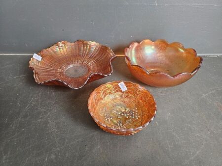 3 Marigold Carnival Glass Bowls