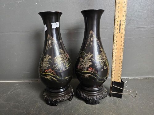 Pair Chinese Bakelite Hand Painted Vases with Stand Base