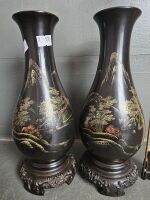 Pair Chinese Bakelite Hand Painted Vases with Stand Base - 2