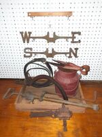 Antique/Vintage Farm Items. Cream Can, Styrup Pump, Hand Tools, Wind Vale, Picks, Rabbit Trap etc