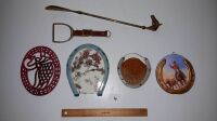 Vintage Shoe Horn, Hanging Horseshoe Art, Pair of Teapot Stands, Mini Syrup/Strap