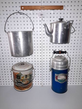 Selection of Retro 'Billy' Cans and Vintage Thermos Food Warmer