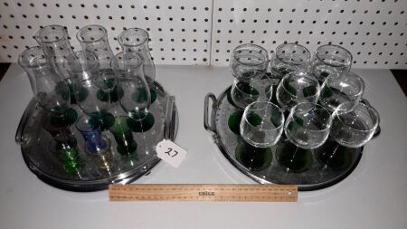 Pair Vintage Ranleigh Trays, Organ Stem Glasses, x 9, Coloured Glasses /Shot Glasses