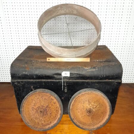 Vintage Metal Trunk (740wx450h) Timer/Mesh Mining Sieve, pair Vintage Steel Wheels, 300mm