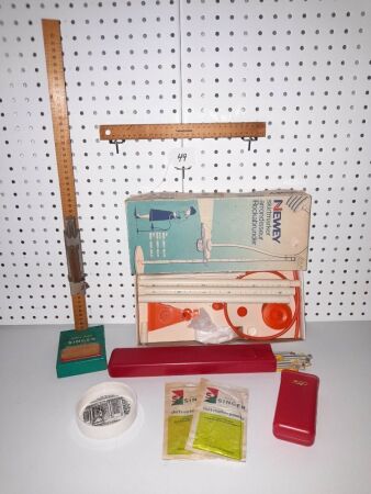 Selection Vintage Hem Markers, Powder, Needles, Box, Pin Dish
