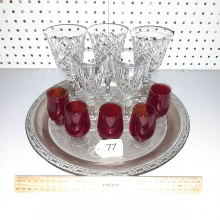 Vintage Silver Tray, Crystal Wine Glasses, Ruby Glass Glass Set (Origninal Sitckers)