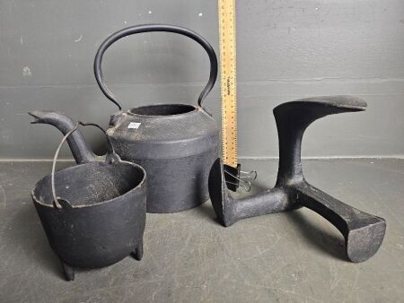 Cobblers Shoe Jack, Cast Glue Pot & Cast Iron Kettle (no lid)