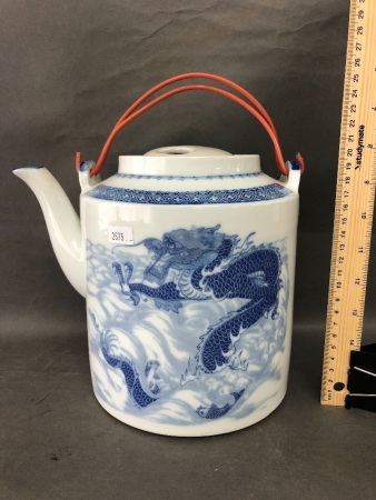 Large Blue & White Chinese Tea Pot with Dragon Decoration
