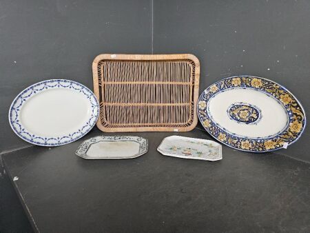 Four Serving Platters and Cane Serving Tray