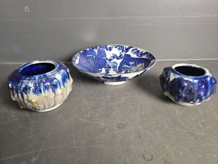 Large Blue and Cream Salad Bowl and Pottery Two Vases