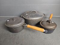 Three Various Sized Cast Iron Pots with Lids