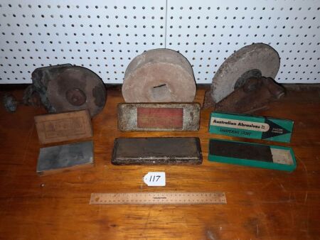 Pair Vintage Bench Mounted Hand Grinders, Antique Sandstone Grinding Stone. Boxed Stones